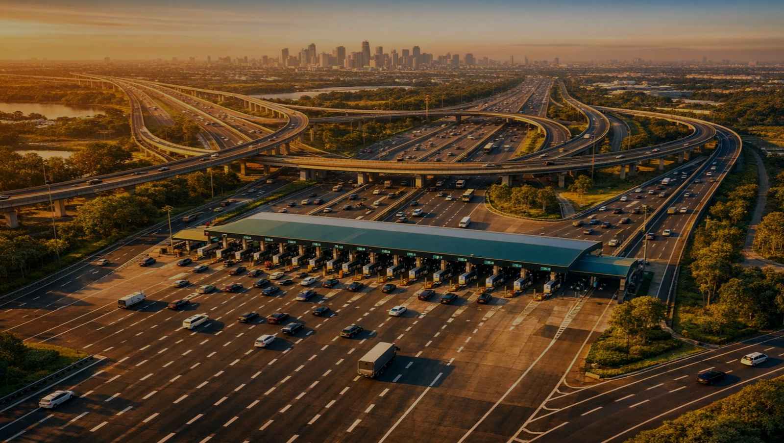 Aerial view at sunset of a multi-lane expressway toll plaza, with interchange flyovers and a city skyline beyond.