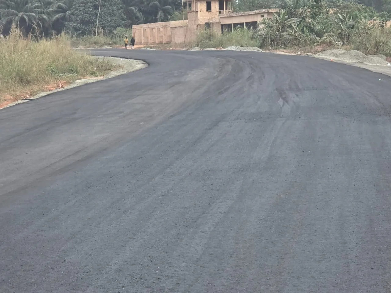 A completed stretch of new black asphalt curving through palm bush in rural Edo State.